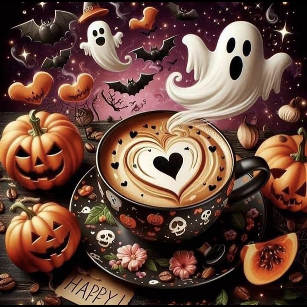 Halloween Pumpkin Spice Latte Ghosts 5D Diamond Painting Kit New - Picture 1 of 7